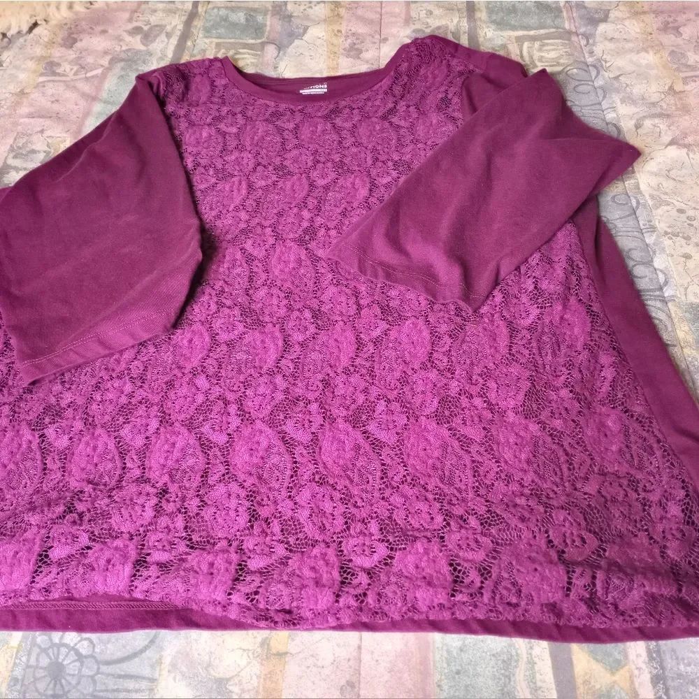Basic Editions Plus Size 2X Dark Purple Lined Lace 3/4 Sleeve Women's Top